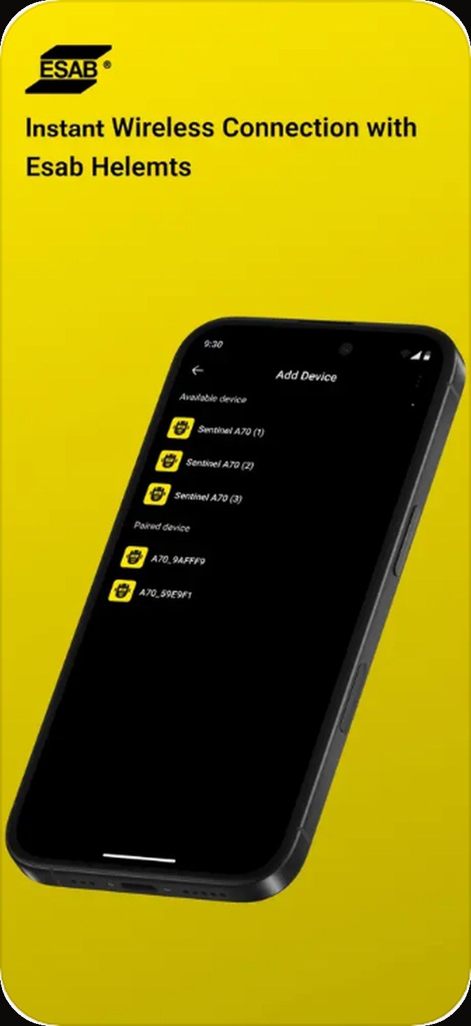Add Device screen showing available Sentinel A70 helmets and previously paired devices listed by hardware ID
