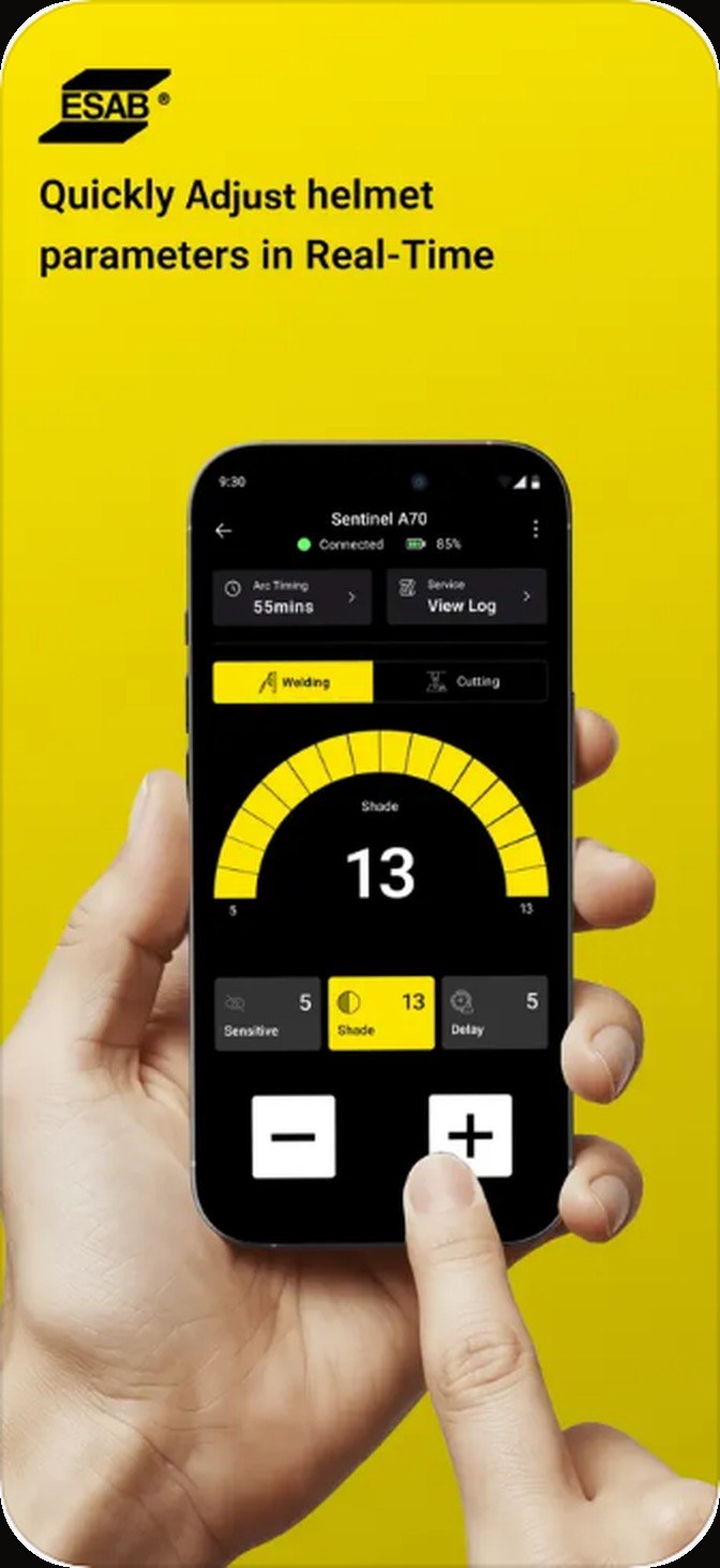 Live control screen with welding and cutting toggle, a radial shade gauge reading 13, parameter chips for sensitivity and delay, and oversized plus and minus buttons