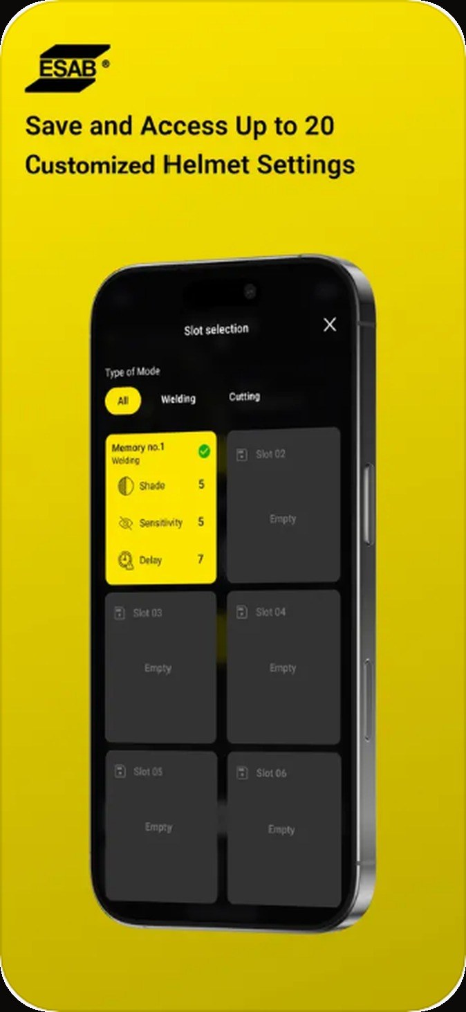 Slot selection screen showing saved helmet settings filtered by mode, with one welding memory slot storing shade, sensitivity and delay values