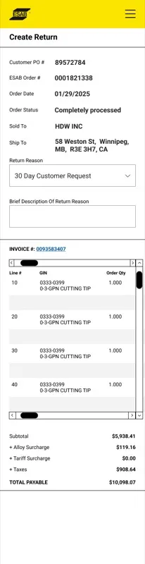 Mobile · Create Return